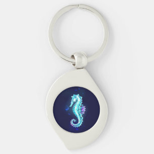 Crystal Ice Seahorse on Blue Background Key Ring