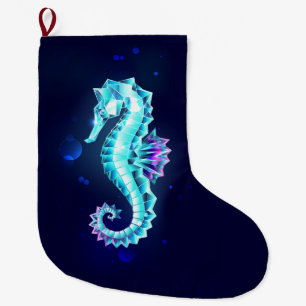 Crystal Ice Seahorse on Blue Background Large Christmas Stocking