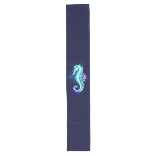 Crystal Ice Seahorse on Blue Background Long Table Runner