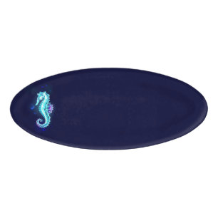 Crystal Ice Seahorse on Blue Background Name Tag
