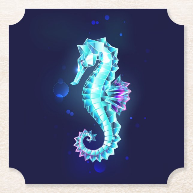 Crystal Ice Seahorse on Blue Background Paper Coaster (Front)
