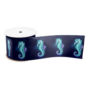Crystal Ice Seahorse on Blue Background Satin Ribbon