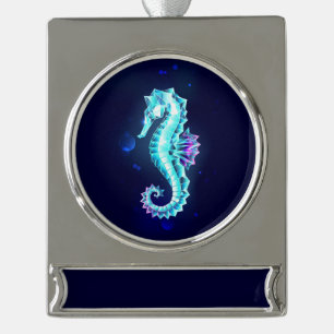 Crystal Ice Seahorse on Blue Background Silver Plated Banner Ornament