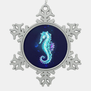 Crystal Ice Seahorse on Blue Background Snowflake Pewter Christmas Ornament