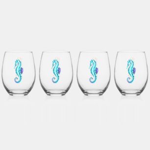Crystal Ice Seahorse on Blue Background Stemless Wine Glass