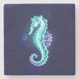 Crystal Ice Seahorse on Blue Background Stone Coaster