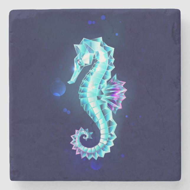 Crystal Ice Seahorse on Blue Background Stone Coaster (Front)