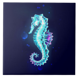 Crystal Ice Seahorse on Blue Background Tile