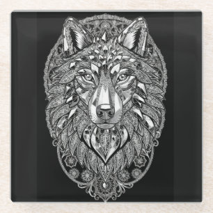 Crystal Lion Wall Art White Line Art on Black Glass Coaster
