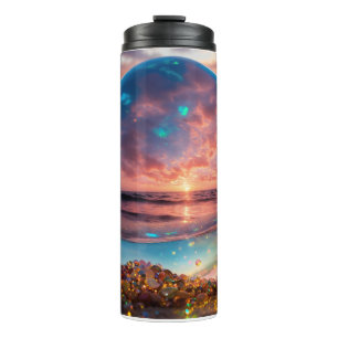 Crystal Ocean Sunset in Glass Sphere – Dreamy Coas Thermal Tumbler