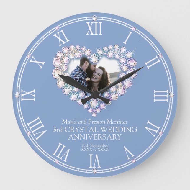 Crystal photo heart 3rd wedding anniversary large clock (Front)
