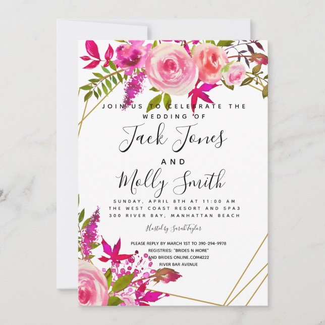 Crystal Pink Peach Roses Watercolor wedding invite (Front)