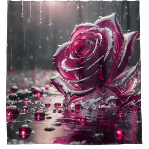 “Crystal Rose with Raindrops- Gem-like Floral Art" Shower Curtain