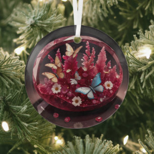 Crystal Ruby Flower Garden Butterflies Glass Tree Decoration
