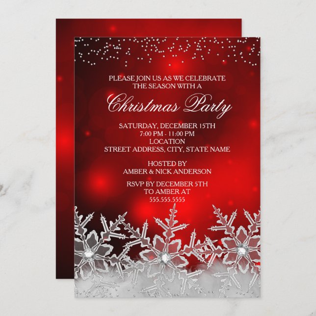 Crystal Snowflake Red Christmas Party Invite (Front/Back)