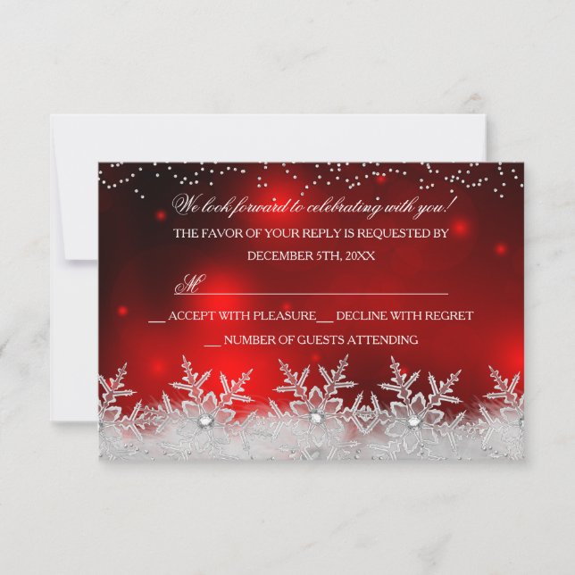 Crystal Snowflake Red Christmas Party RSVP Card (Front)