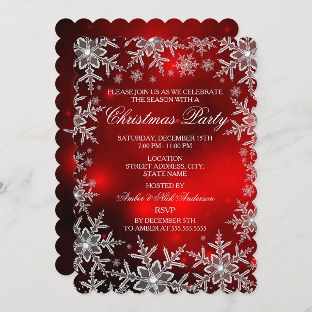 Crystal Snowflake Red Christmas Party Scall Invitation (Front/Back)