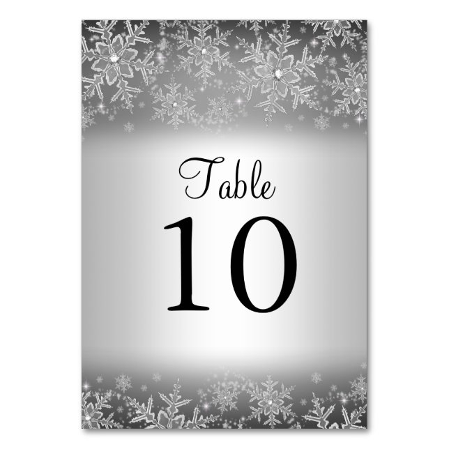 Crystal Snowflake Silver Winter Table Number Card (Front)