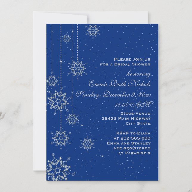 Crystal snowflakes blue wedding bridal shower invitation (Front)