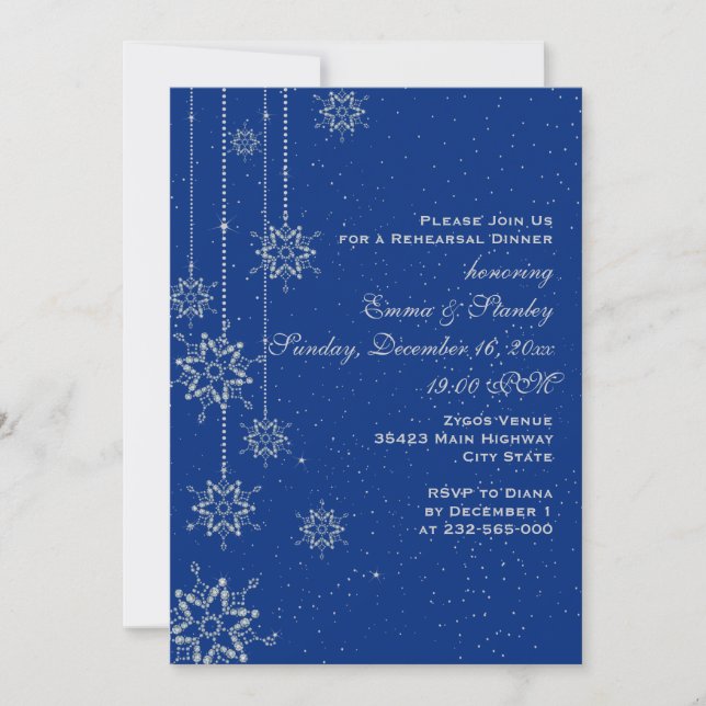 Crystal snowflakes blue wedding rehearsal dinner invitation (Front)