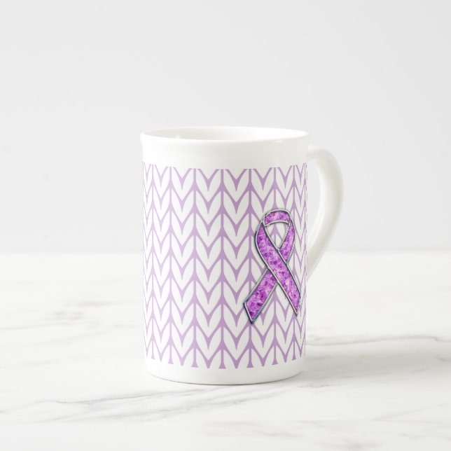 Crystal Style Pink Ribbon Awareness Knit Bone China Mug (Front Right)