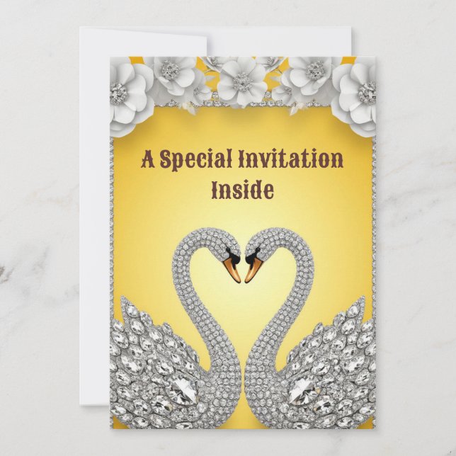 Crystal Swan Pair Romantic Gold Layout Save The Date (Front)