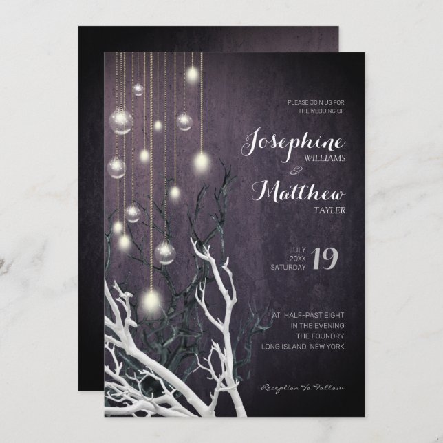 Crystal Vertical Light String White Branch Wedding Invitation (Front/Back)