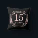Crystal wedding anniversary 15 years cushion<br><div class="desc">A design to celebrate 15 years of marriage. This design has a pink coloured laurel design on a black background. Crystal is the traditional gift for this occasion. The text reads crystal 15 years anniversary. A romantic design to celebrate your 15th year of marriage. If you would like any help...</div>