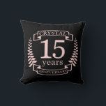 Crystal wedding anniversary 15 years cushion<br><div class="desc">A design to celebrate 15 years of marriage. This design has a pink coloured laurel design on a black background. Crystal is the traditional gift for this occasion. The text reads crystal 15 years anniversary. A romantic design to celebrate your 15th year of marriage. If you would like any help...</div>