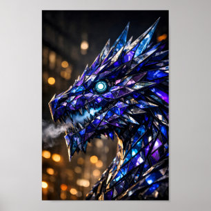 Crystalline Blue Dragon with Glowing Eye and Smoke Poster