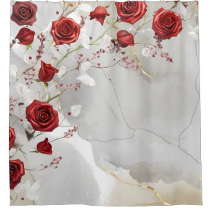 Crystalline red roses on marble background shower curtain