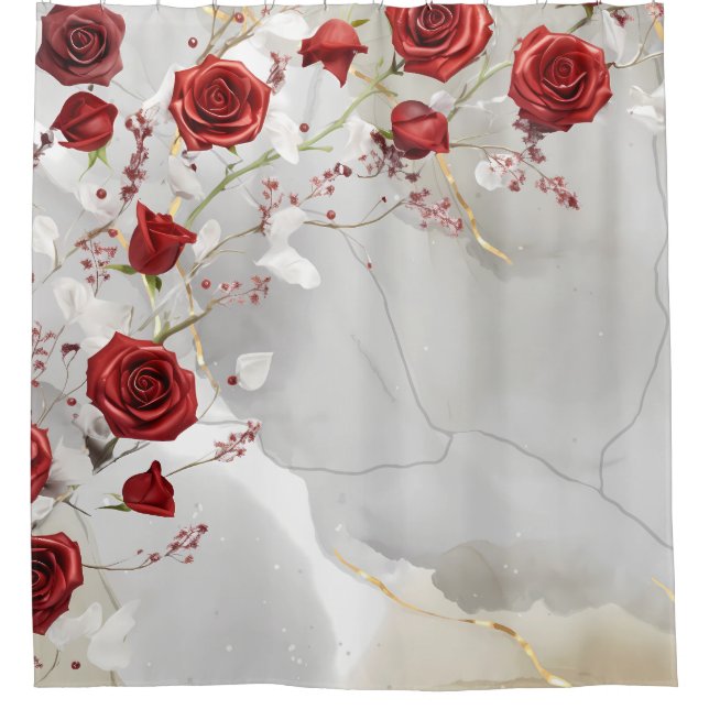 Crystalline red roses on marble background shower curtain (Front)