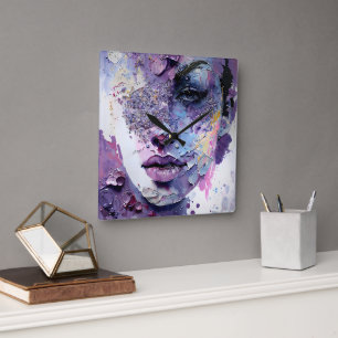 "Crystalline Silence" – A Purple Portrait Square Wall Clock