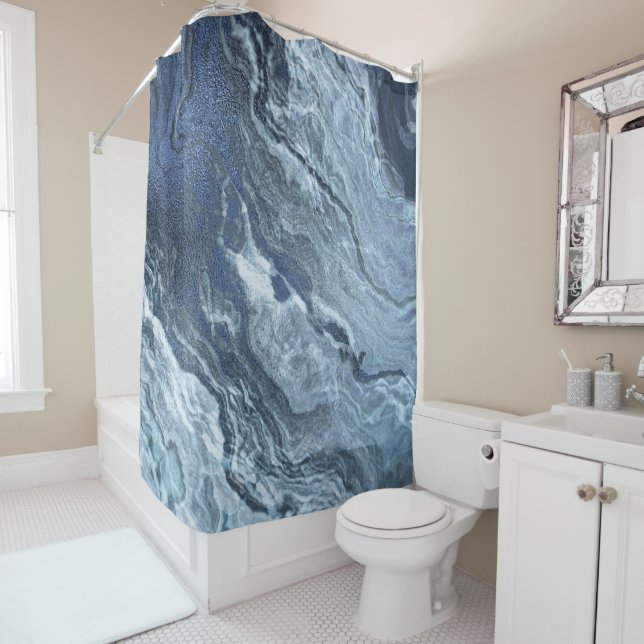 Crystallised Blue Agate | Dusty Slate Marbled Ston Shower Curtain (In Situ)