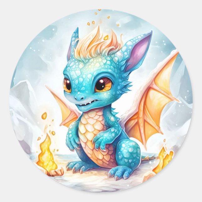 Crystallised Cute Baby Blue Dragon Classic Round Sticker (Front)