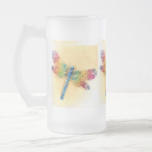 Crystallised Dragonfly (yellow) Frosted Glass Beer Mug (Left)