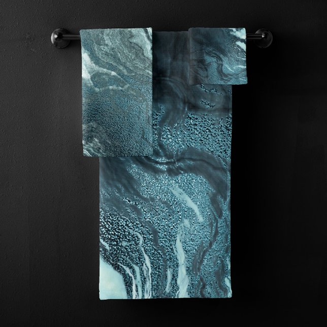 Crystallised Teal Agate | Dark Aqua Marbled Stone Bath Towel Set (Creator Uploaded)