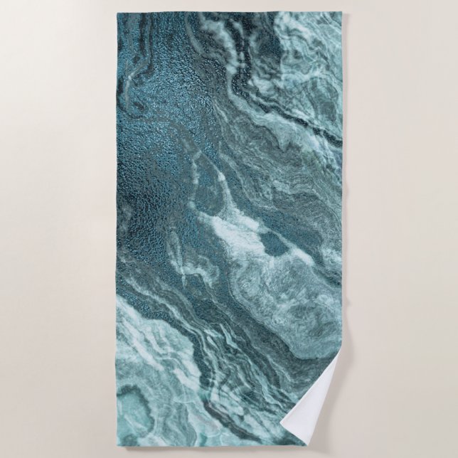 Crystallised Teal Agate | Dark Aqua Marbled Stone Beach Towel (Front)