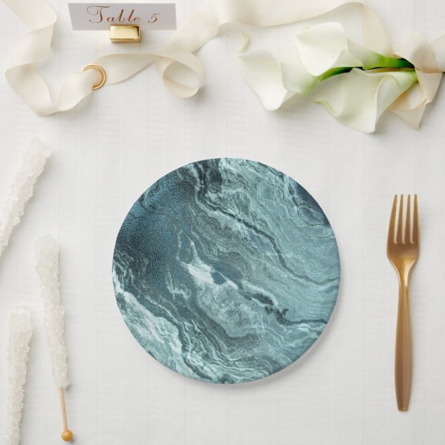 Crystallised Teal Agate | Dark Aqua Marbled Stone Paper Plate (Wedding)
