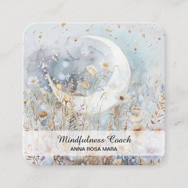 *~* Crystals Floral Crescent Moon Flowers QR AP70 Square Business Card (Front)