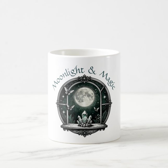 Crystals & Full Moon with Moths Witchy Art Coffee Mug (Center)