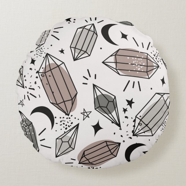 Crystals, moon, stars, hand drawn overlapping back round cushion (Front)