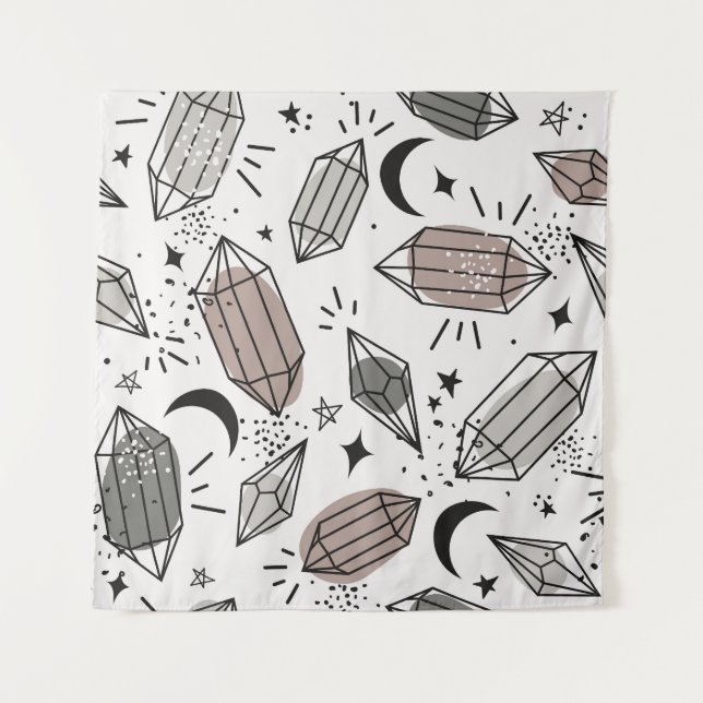 Crystals, Moon, Stars, Overlapping Design. Tapestry (Front)