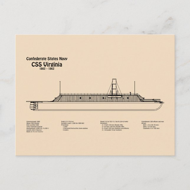 CSS Virginia - Ship Blueprint Plans SD Postcard (Front)