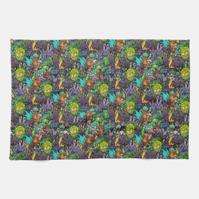 Cthulhu Lovecraft Mythos Chibi Bestiary Tea Towel (Horizontal)