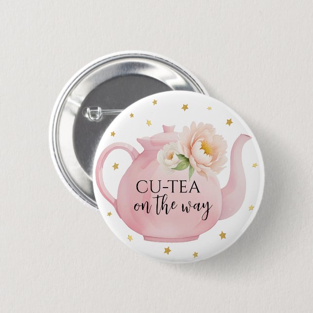 CU-TEA Pink Teapot Baby Shower Button Favour (Front & Back)