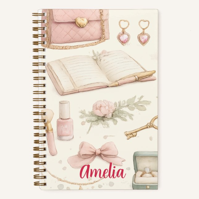 Cuaderno Coquette Aesthetic Pink Bow Makeup Person Notebook (Front)
