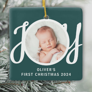 Cuaton Name First Christmas Photo Green Keepsake Ceramic Ornament