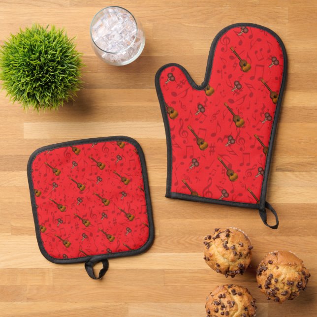 Cuatro and Maracas with Music Notes on RED Oven Mitt & Pot Holder Set (Top Down)