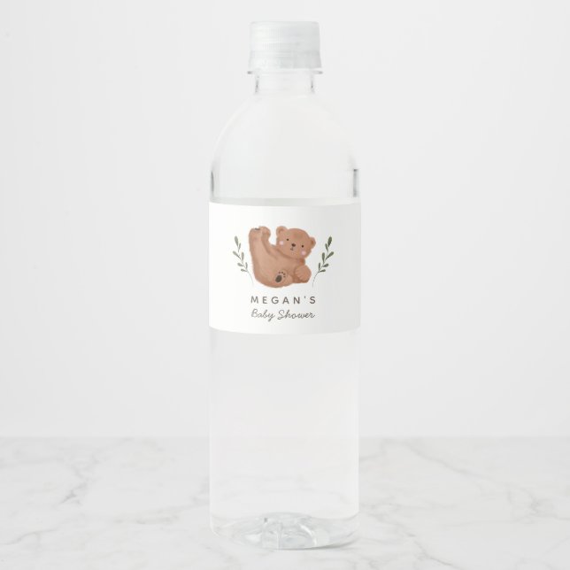 Cub Bear Baby Shower Greenery Water Bottle Label (Front)